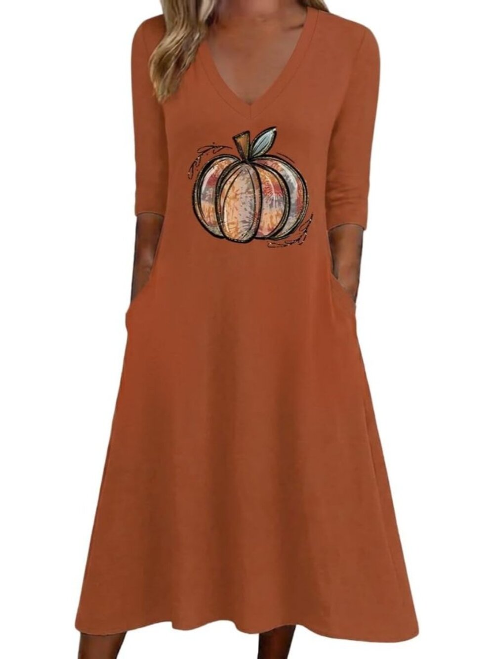 🎃Women's Brown Casual Pumpkin Genie Witch Fall 3/4 Sleeve Halloween Shirt Dress